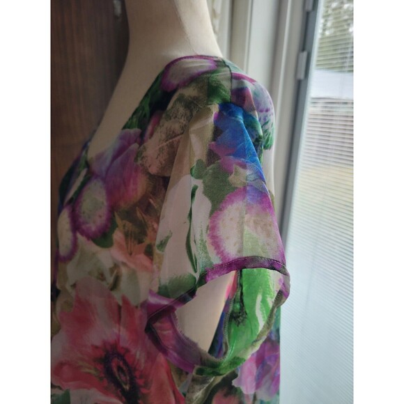 Sheer Bold Floral Tiered Double Layer‎ Cap Sleeve Blouse Top Large - Picture 4 of 9